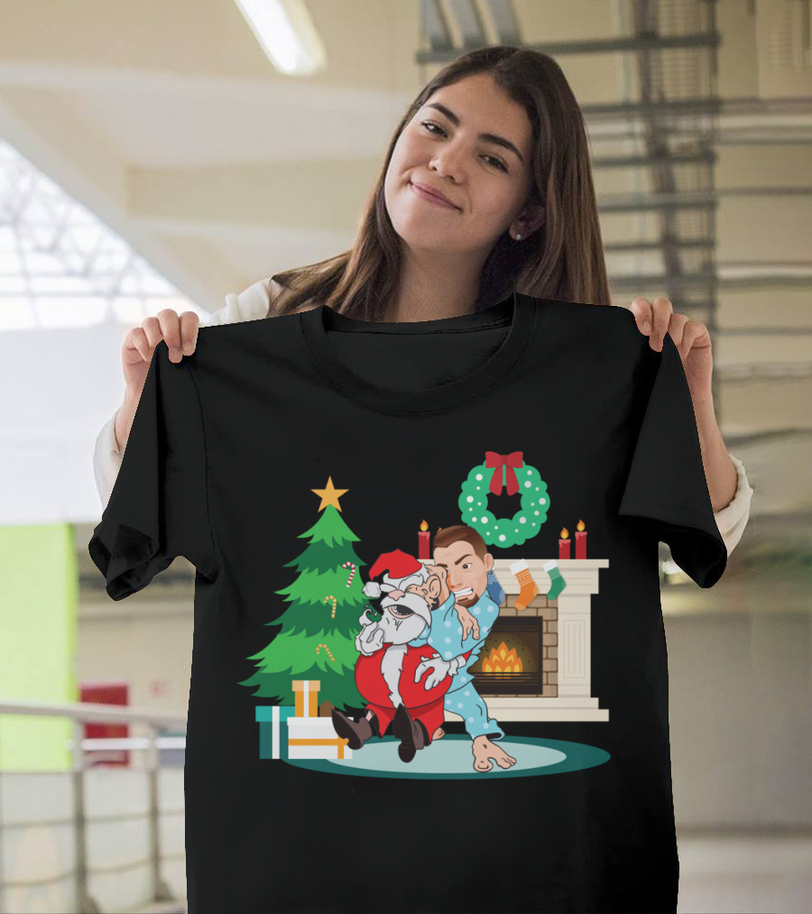 Humorous Christmas BJJ Santa Chokehold by Fireplace T-Shirt
