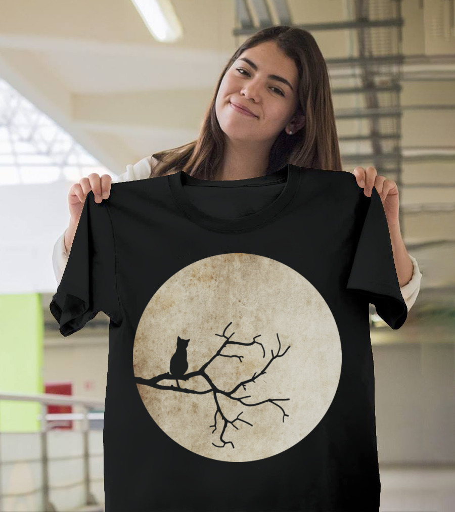 Cat Night Moon Silhouette on Branch T-Shirt
