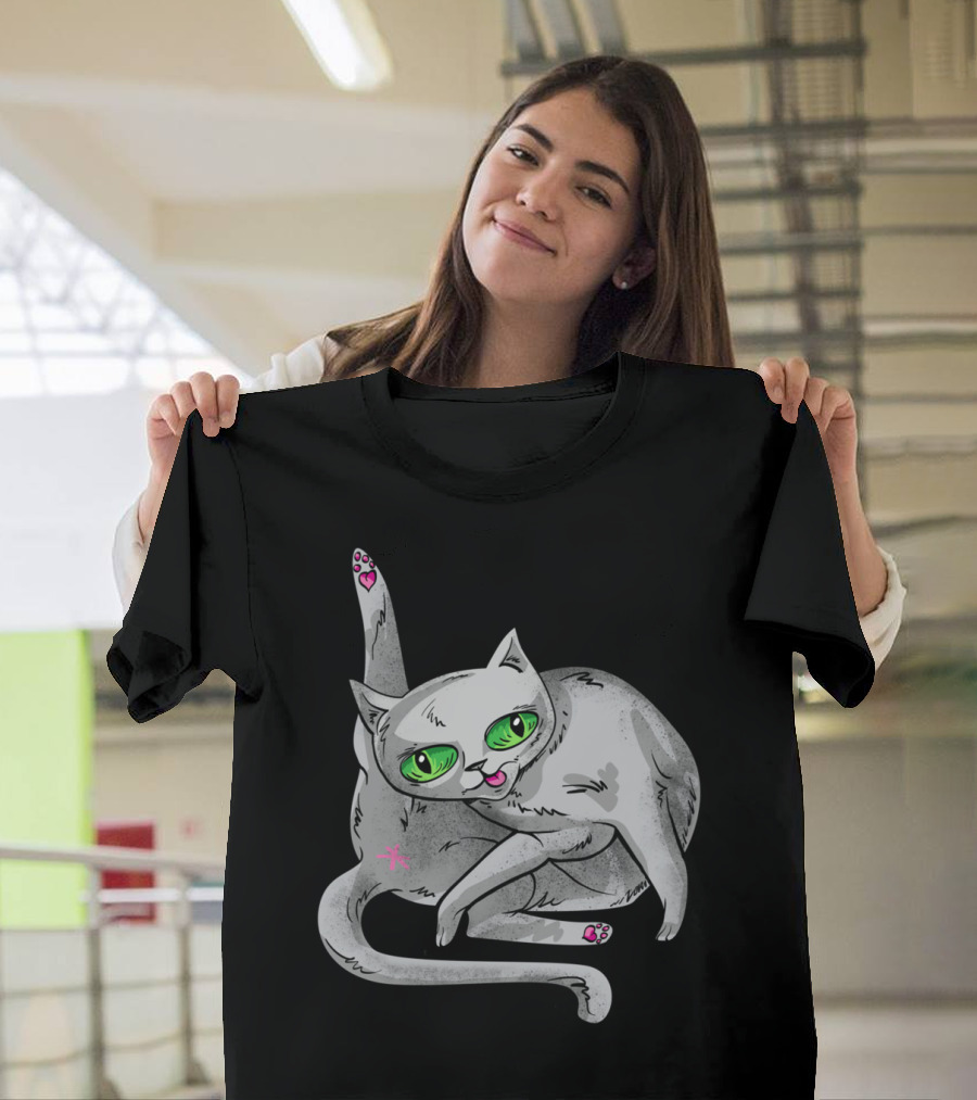 Cat With Green Eyes and Pink Accents in Playful Pose T-Shirt