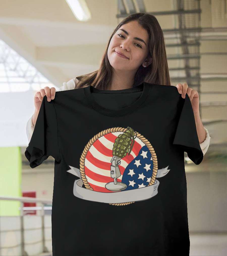 Grenade Microphone USA Flag Circle Stars and Stripes Emblem T-Shirt