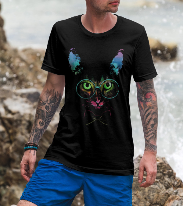 Cat Knows It All Glasses Bow Tie Bright Colors T-Shirt