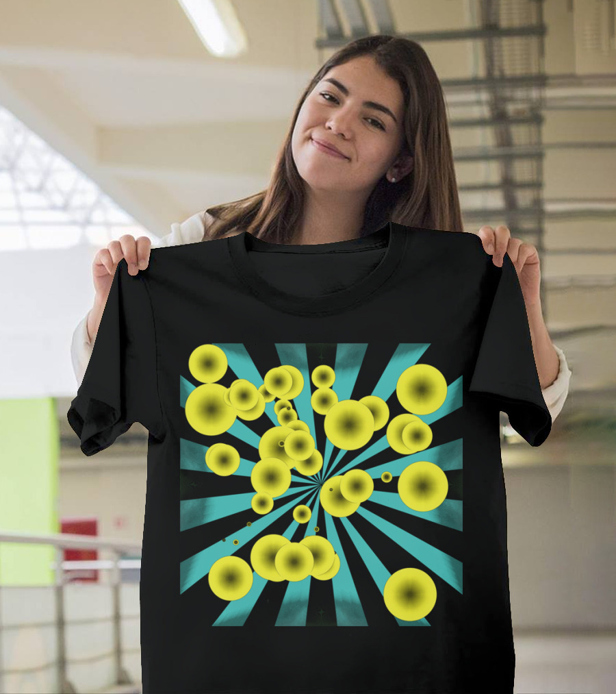 Yellow Bubbles Radiating on Black and Teal Stripes T-Shirt