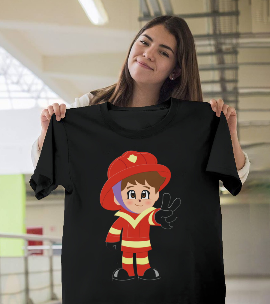 FIREFIGHTER Anime Character Kawaii Chibi Style with Peace Sign T-Shirt