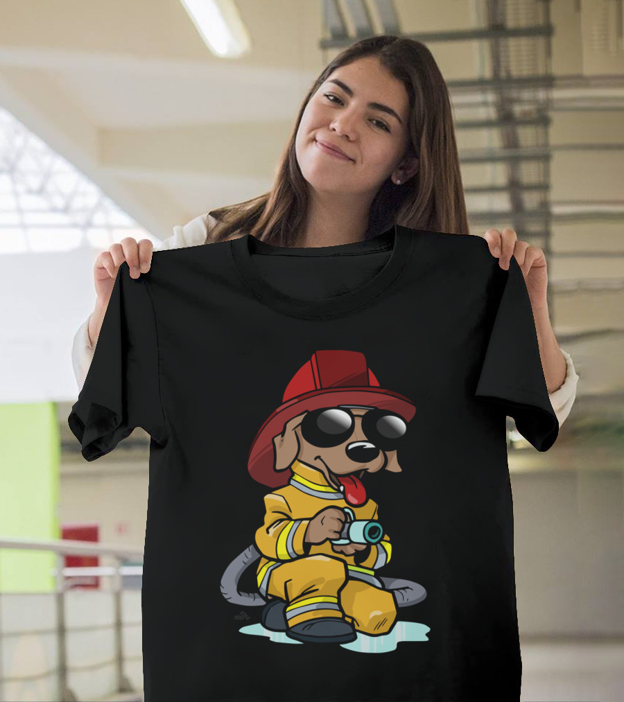 Firefighter Cartoon Dog in Yellow Suit with Sunglasses and Red Helmet T-Shirt