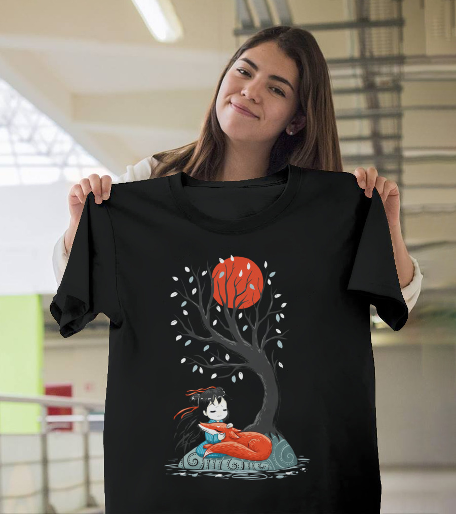 Girl and a Fox Under Red Moon Tree T-Shirt