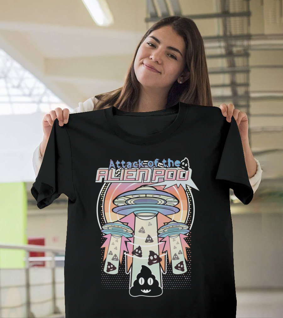 Attack Of The Alien Poo UFO Beaming Up Poop Emoji T-Shirt