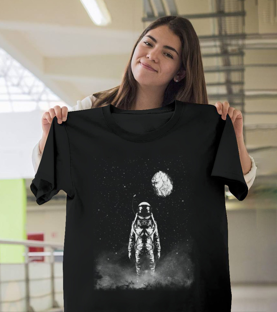 Solitary Astronaut in Space with Moon and Stars T-Shirt