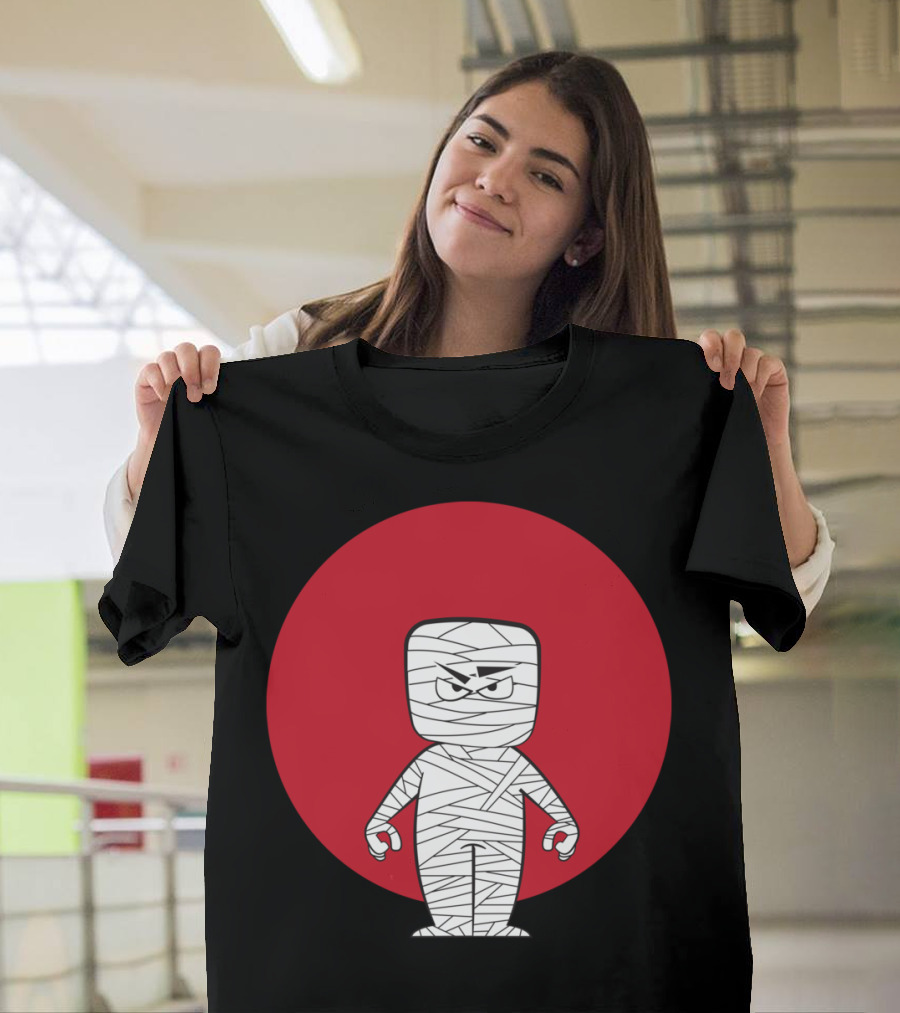 Menacing Mummy Cartoon Character In Red Circle Background T-Shirt