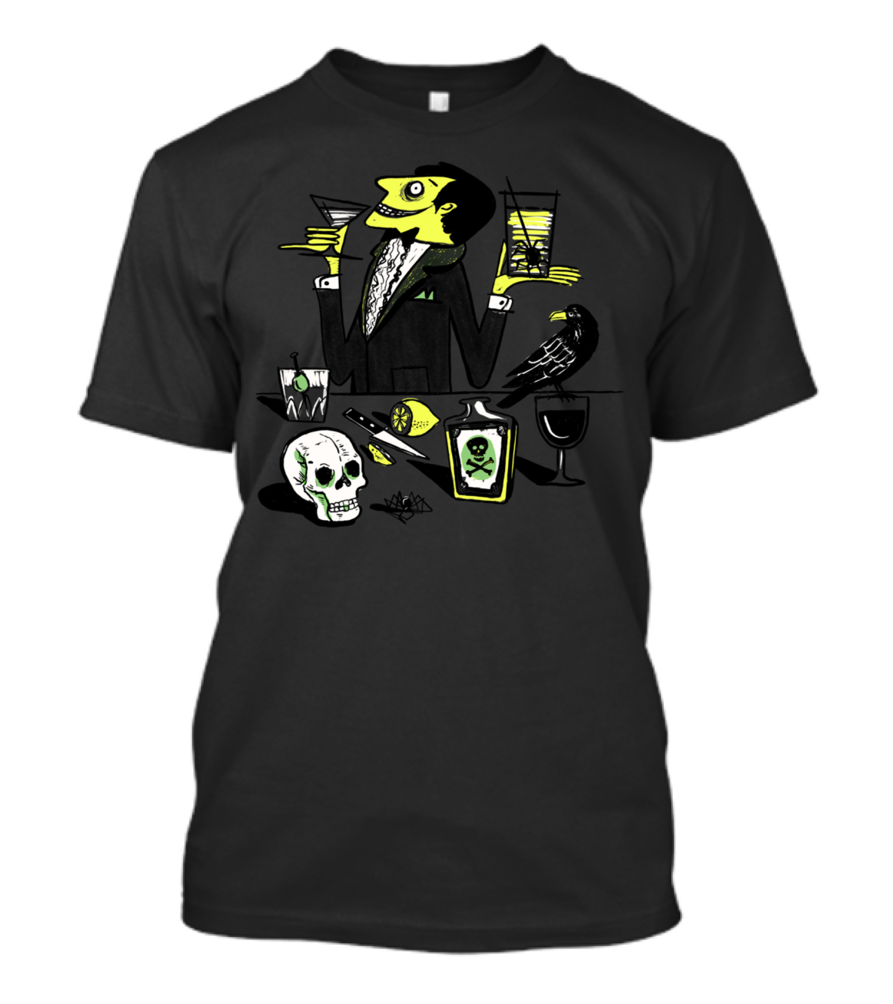 Mad Scientist Drinks Poison With Skull And Raven In Dark Gothic Setting T-Shirt