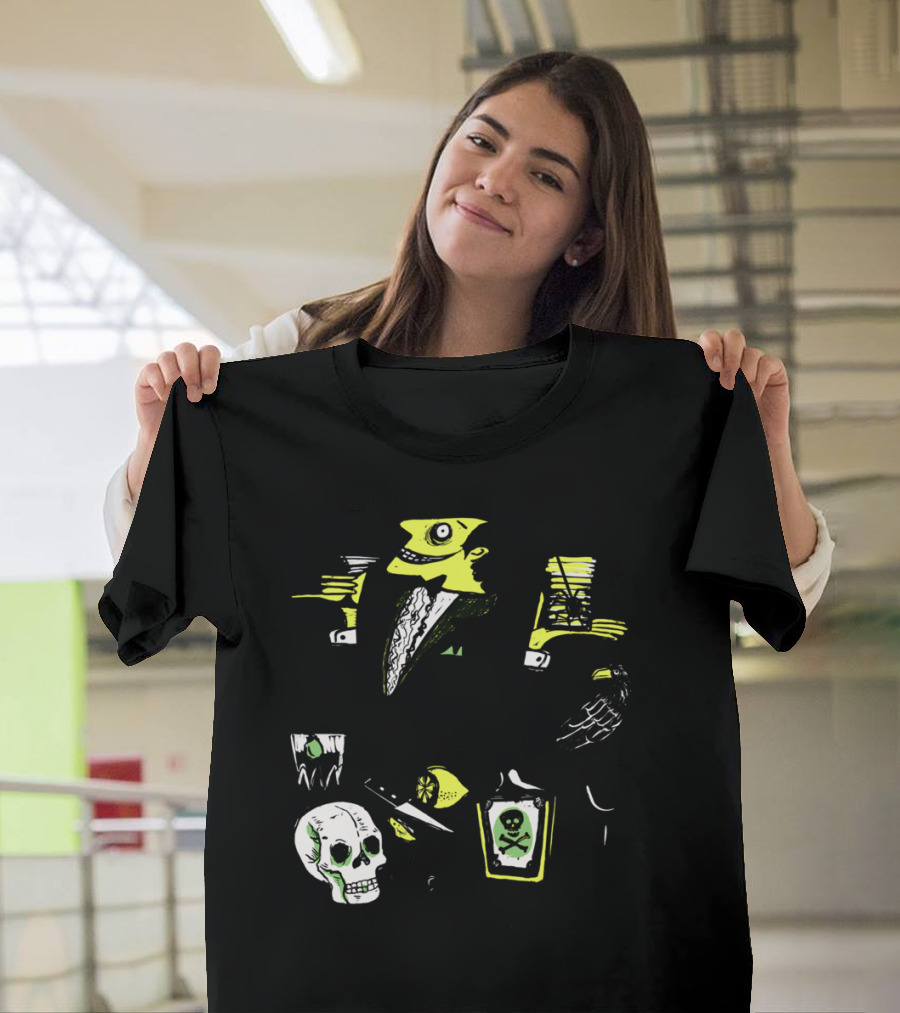 Mad Scientist Drinks Poison With Skull And Raven In Dark Gothic Setting T-Shirt