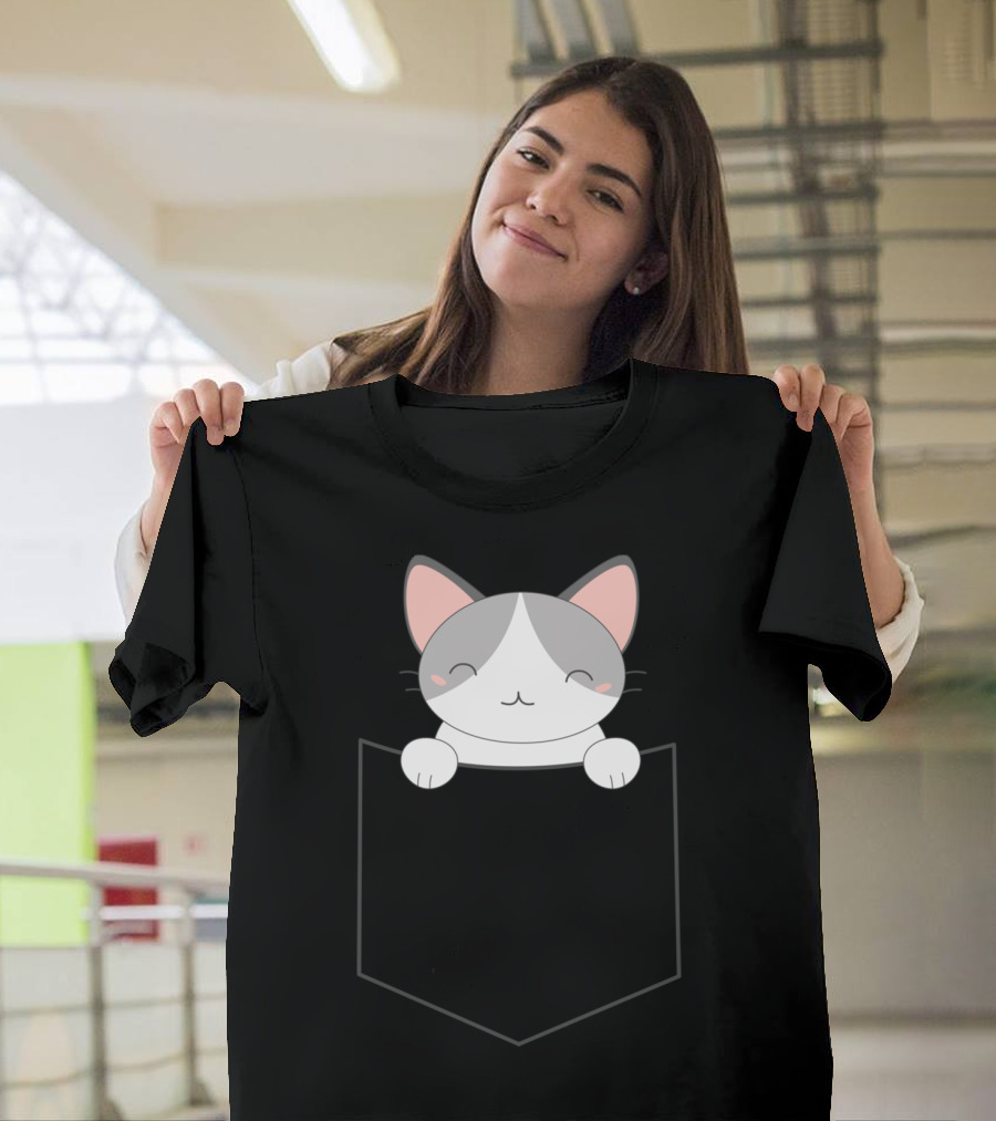 Kawaii Pocket Cat With Cute Smiling Face T-Shirt