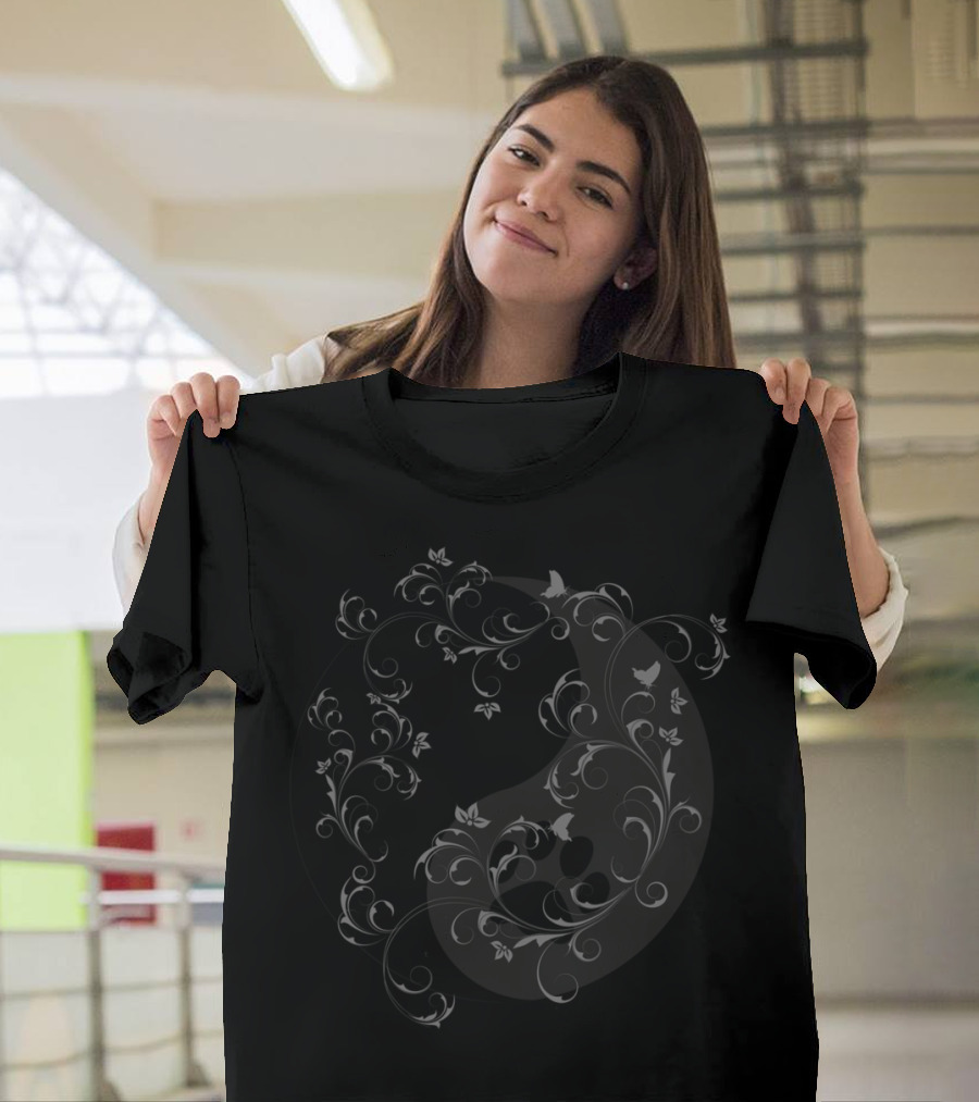 Yin Yang Hand And Paw Floral Pattern with Vines and Butterflies T-Shirt