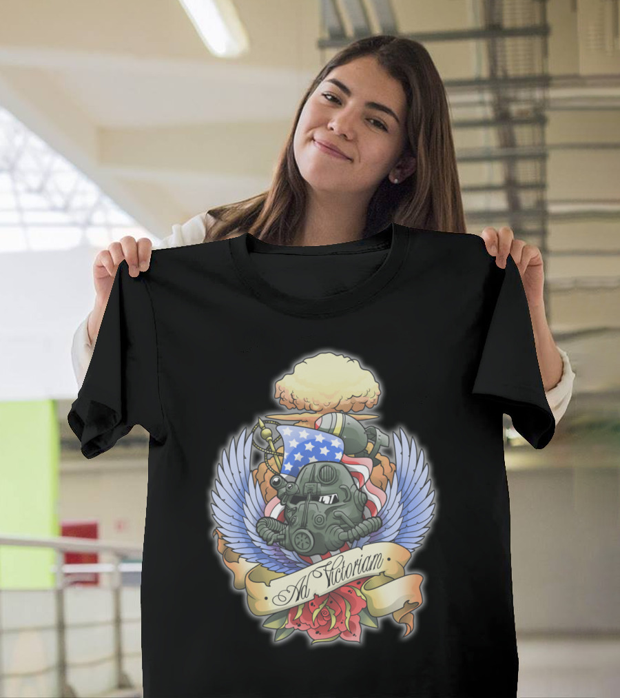 Ad Victoriam Power Armor Wings and Explosion Banner with Rose and Stars T-Shirt