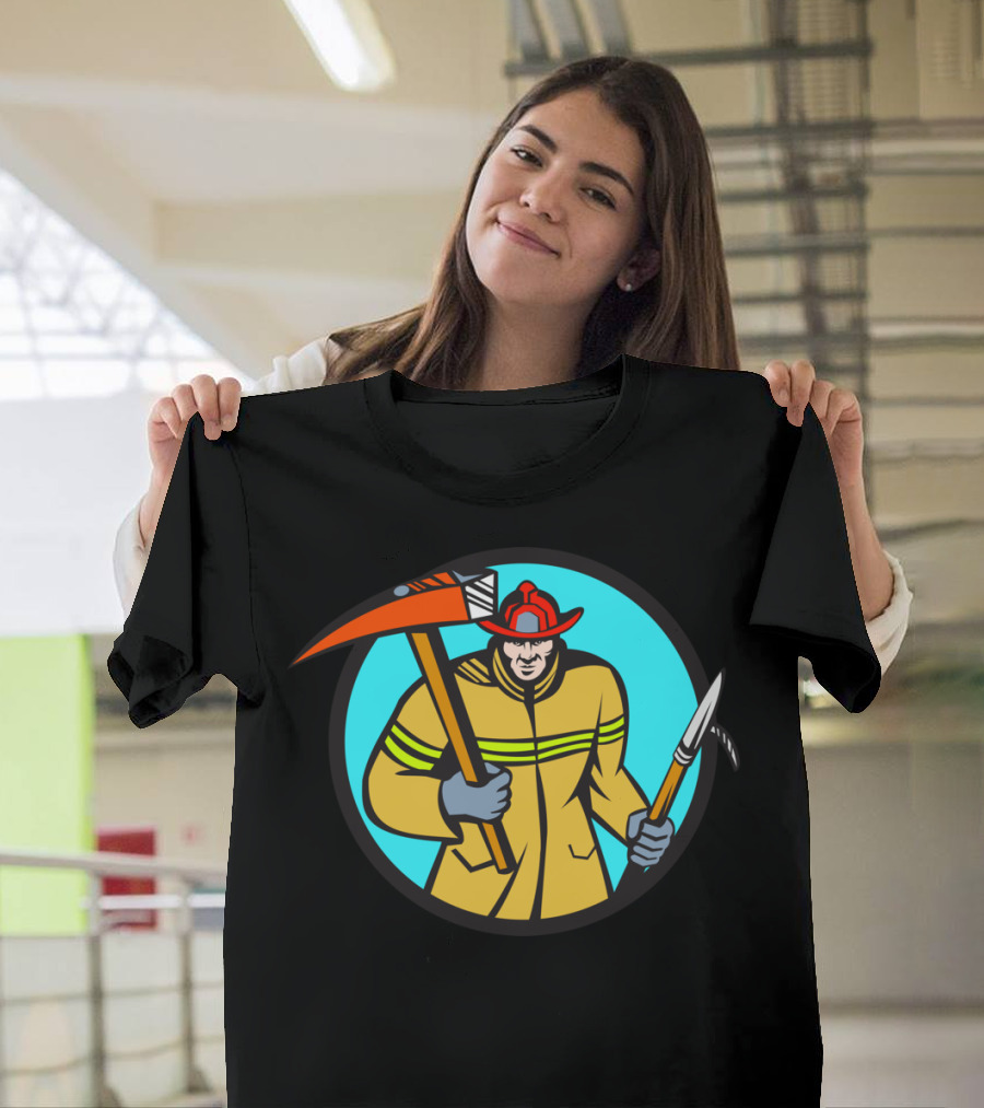 Fireman Firefighter with Fire Axe and Hook in Circle T-Shirt