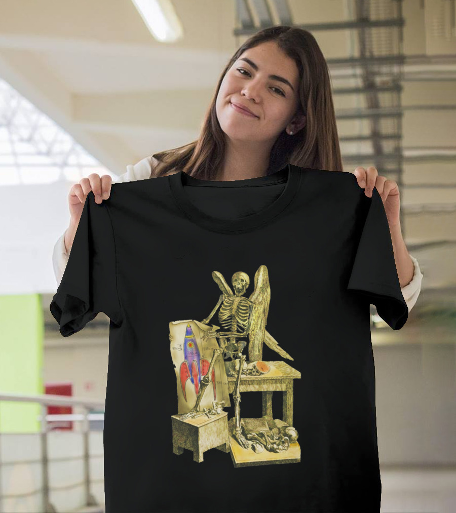 Messenger Skeleton with Rocket Blueprint and Angel Wings T-Shirt