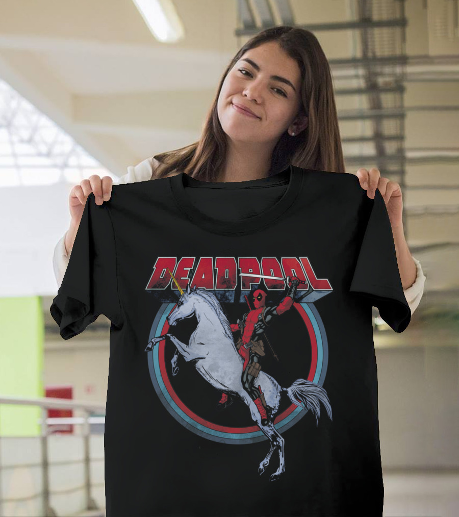Deadpool Riding Unicorn With Retro Rings T-Shirt