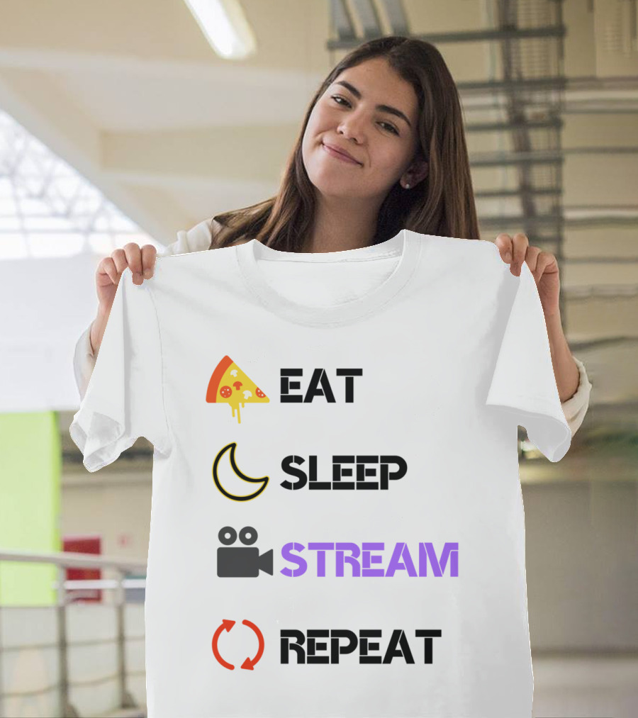 Eat Sleep Stream Repeat Pizza Moon Camera Gaming T-Shirt