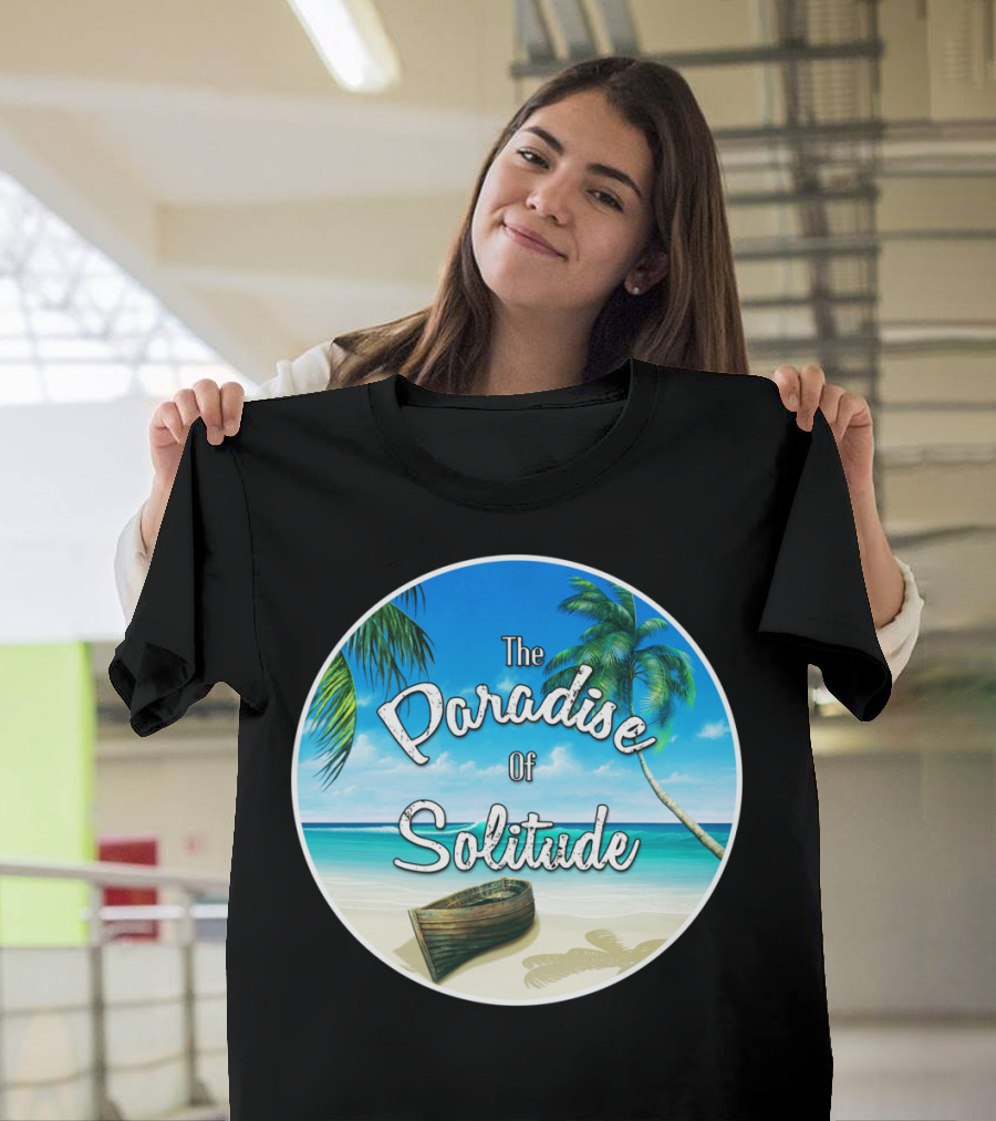 The Paradise Of Solitude Ocean View with Palm Trees and Boat T-Shirt