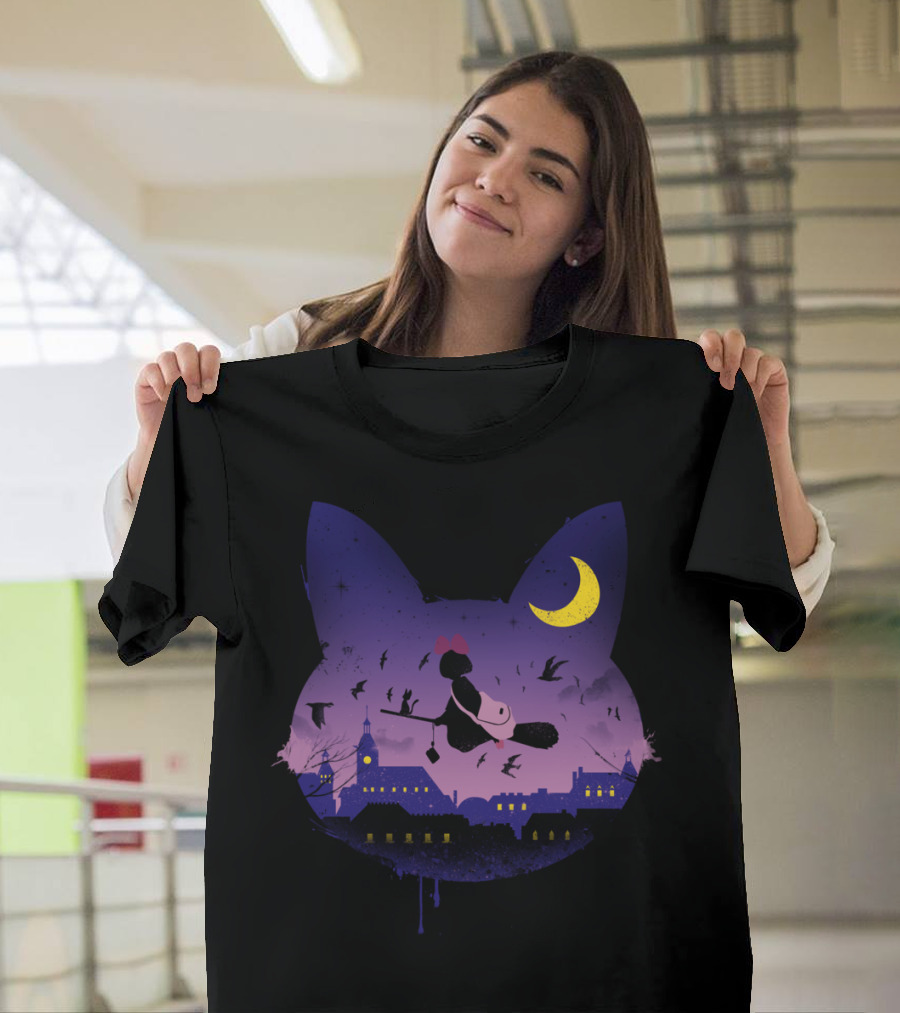 Midnight Cat Stroll Witch Broomstick City Silhouette Moonlit Sky T-Shirt