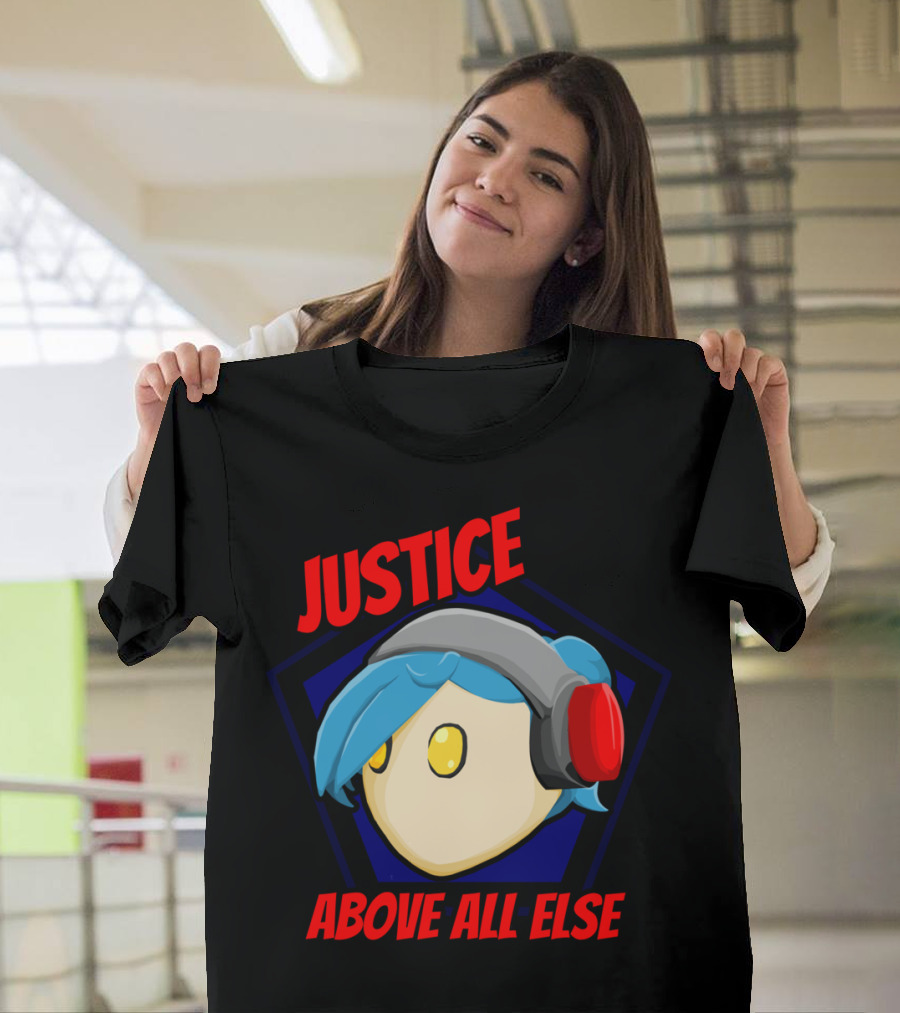 Justice Above All Else Blue-Haired Headphone Character T-Shirt