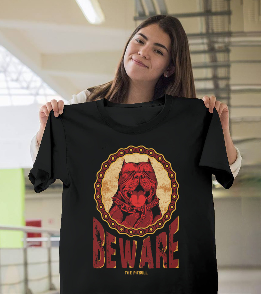 BEWARE THE PITBULL SPOTTED TONGUE GROWL ALERT CIRCLE FRAME T-Shirt