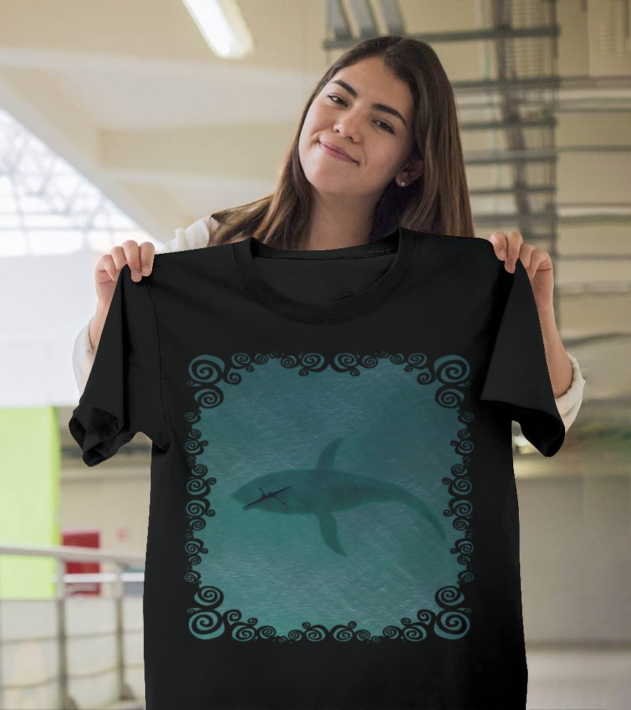 Close Encounters Of The Sea Giant Shark Shadow with Airplane Silhouette Ocean Swirl Frame T-Shirt