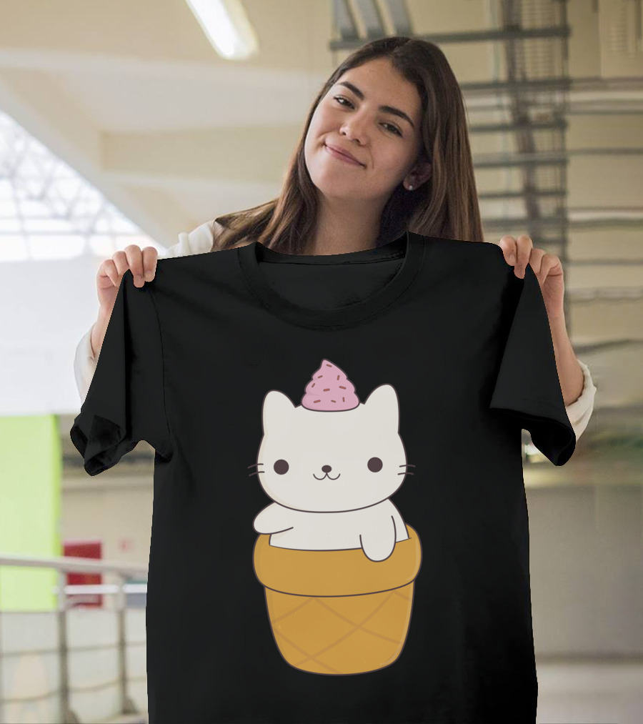 Kawaii Cat Ice Cream Cone Adorable Dessert Mashup T-Shirt