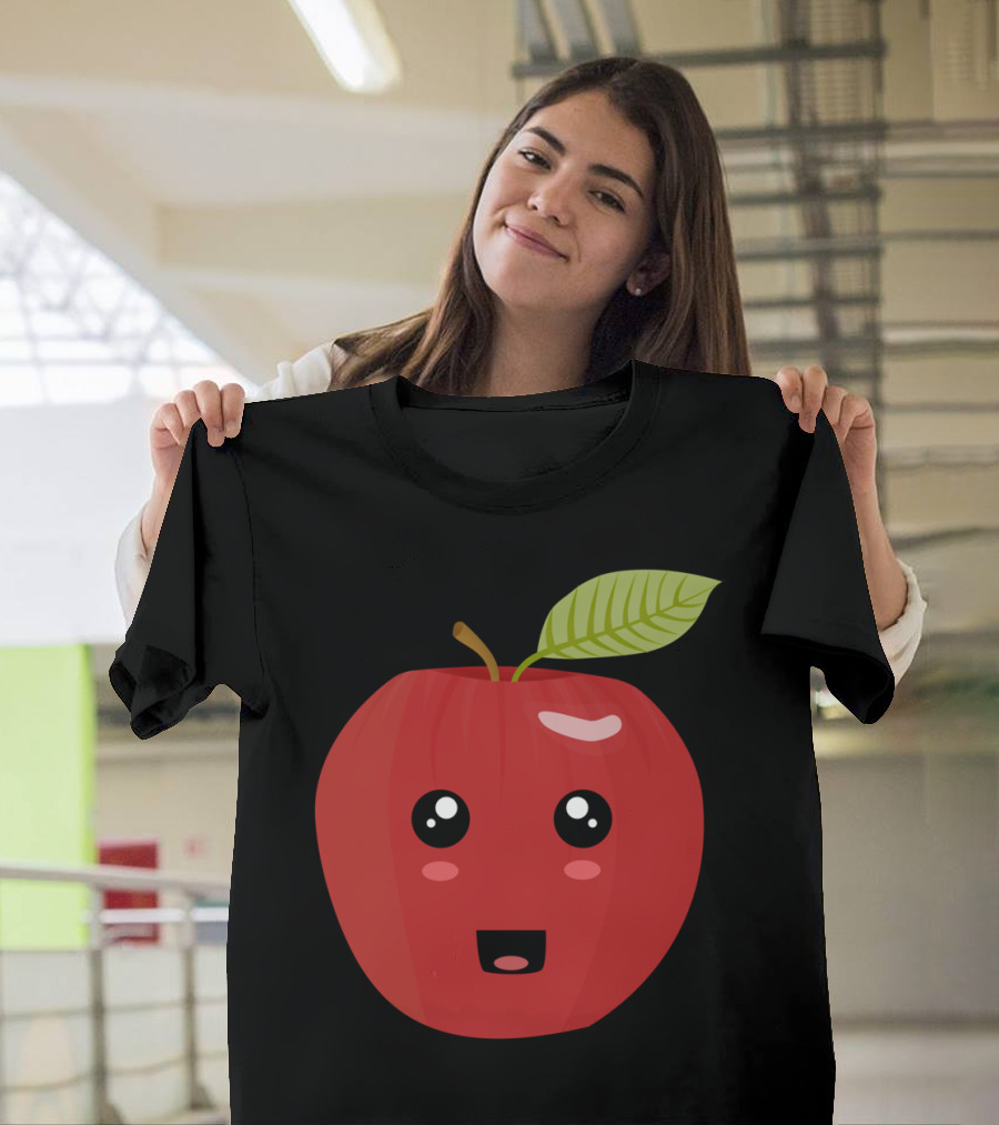 Kawaii Apple Cute Face with Leaf Cartoon T-Shirt
