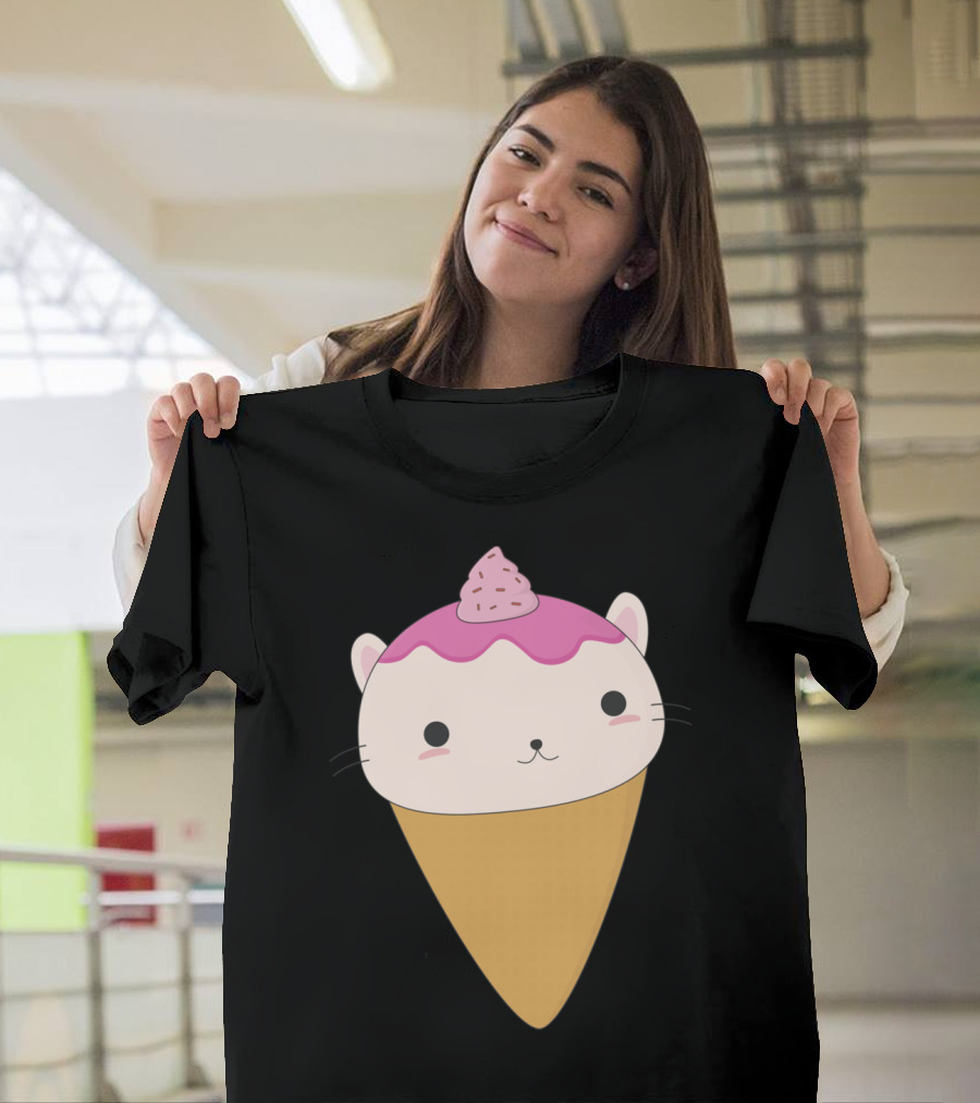 Kawaii Cat Ice Cream Cone Pastel Pink Whipped Topping T-Shirt