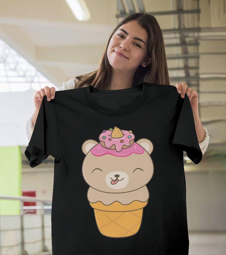 Kawaii Cute Bear Ice Cream Cone with Sprinkles and Pink Frosting T-Shirt