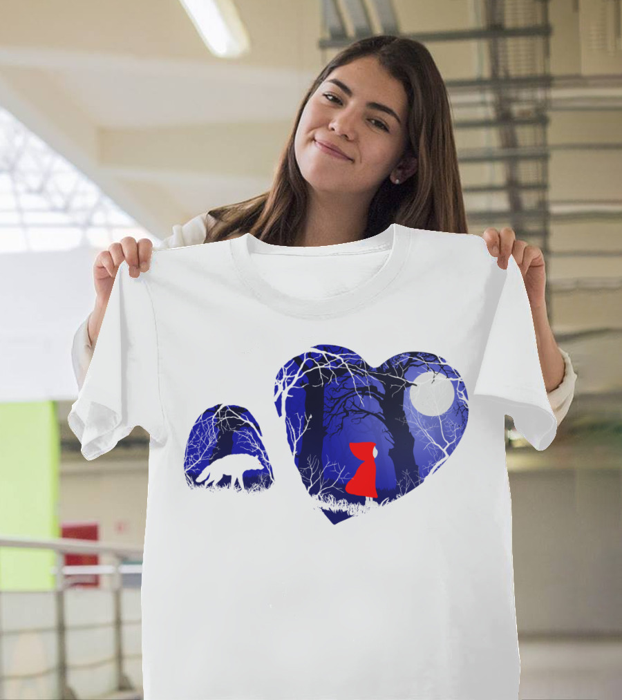 Dusk In The Woods Red Riding Hood Moonlit Forest Wolf Heart T-Shirt