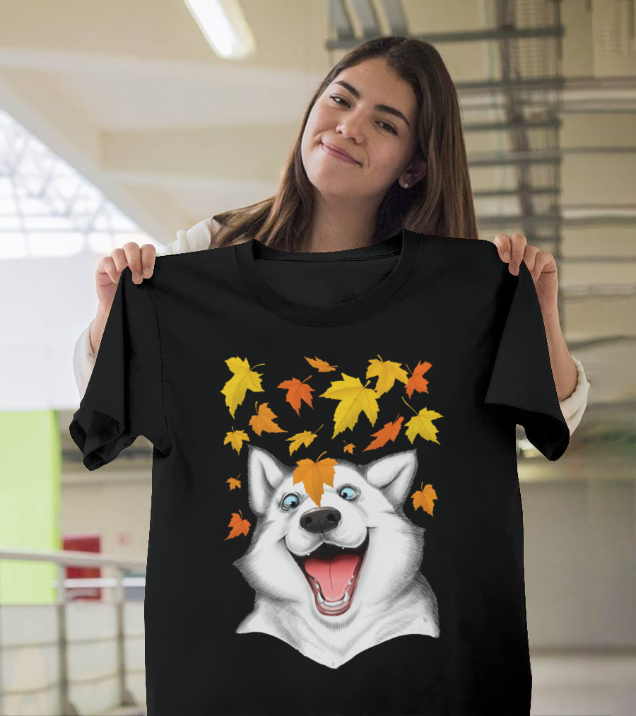 Playful Autumn Leaves with Excited Husky T-Shirt
