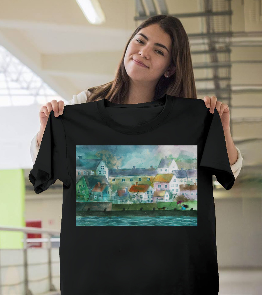 Big Bad Dog Coastal Village Houses Watercolor Scene T-Shirt