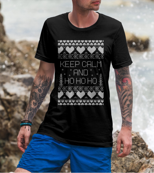 Keep Calm And Ho Ho Ho Christmas Pattern Hearts And Trees T-Shirt