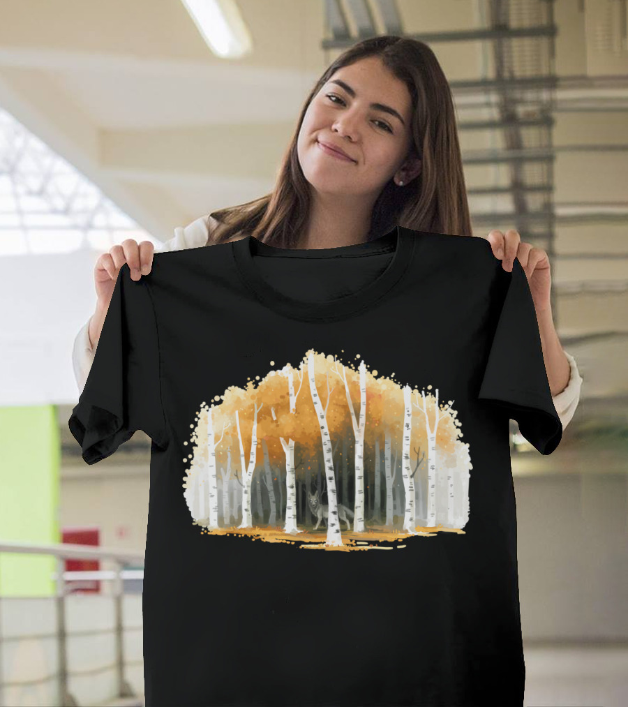 Autumn Wolf Forest Birch Trees T-Shirt