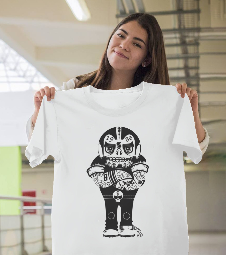 1980 Tattooed Skull Character with Chains and Symbols T-Shirt