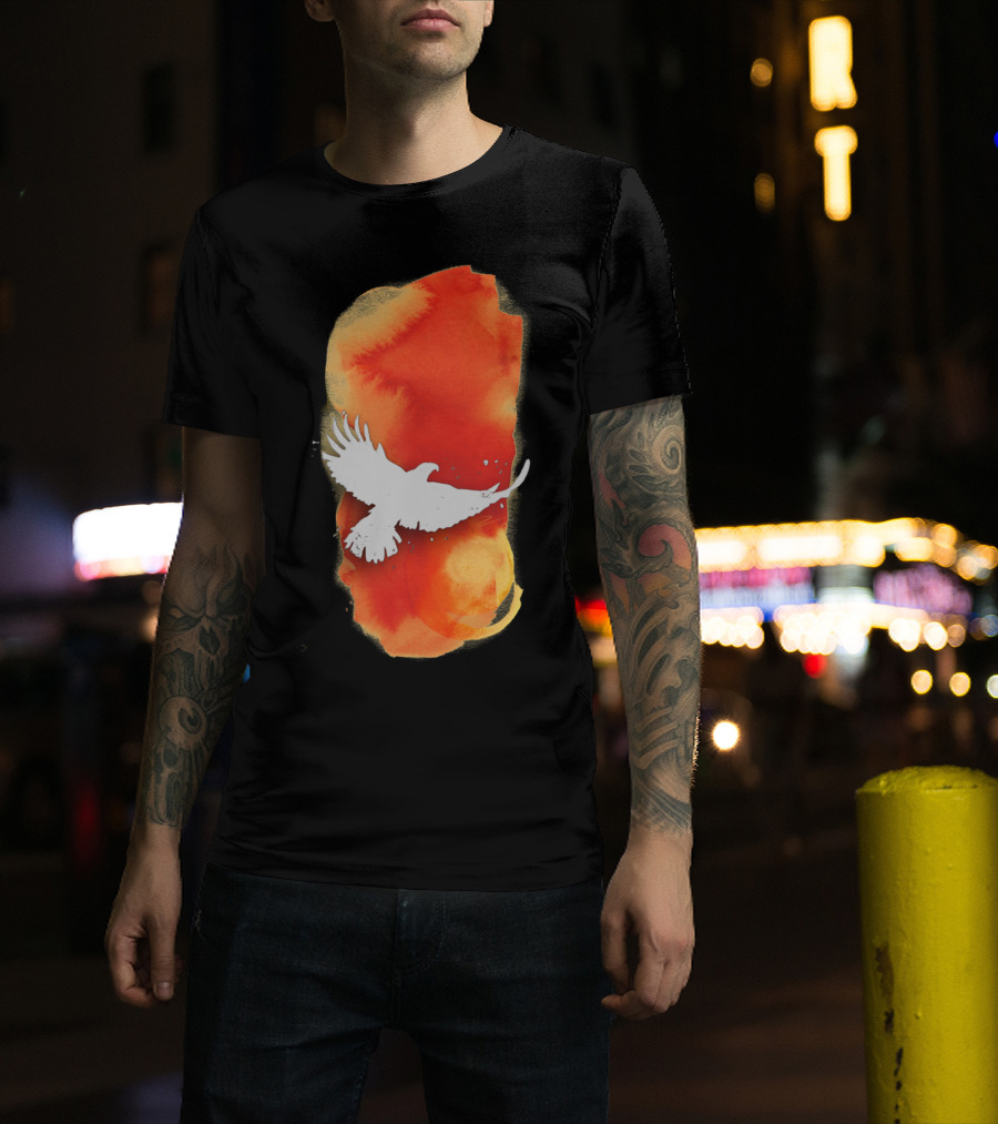 Eagle Solstice Soaring Over Vibrant Orange Watercolor Brushstroke T-Shirt