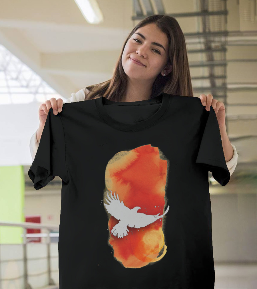 Eagle Solstice Soaring Over Vibrant Orange Watercolor Brushstroke T-Shirt