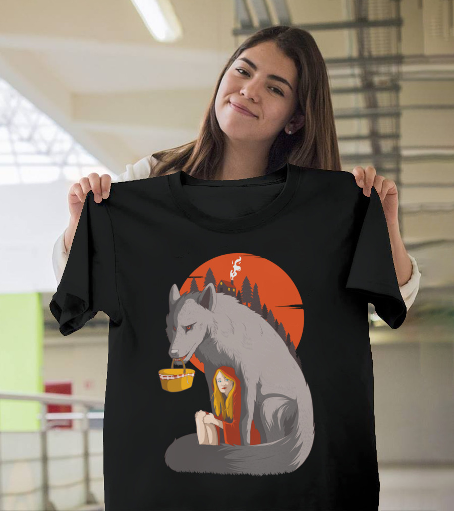Big Good Wolf Little Red Riding Hood Picnic Basket Cabin Scene T-Shirt