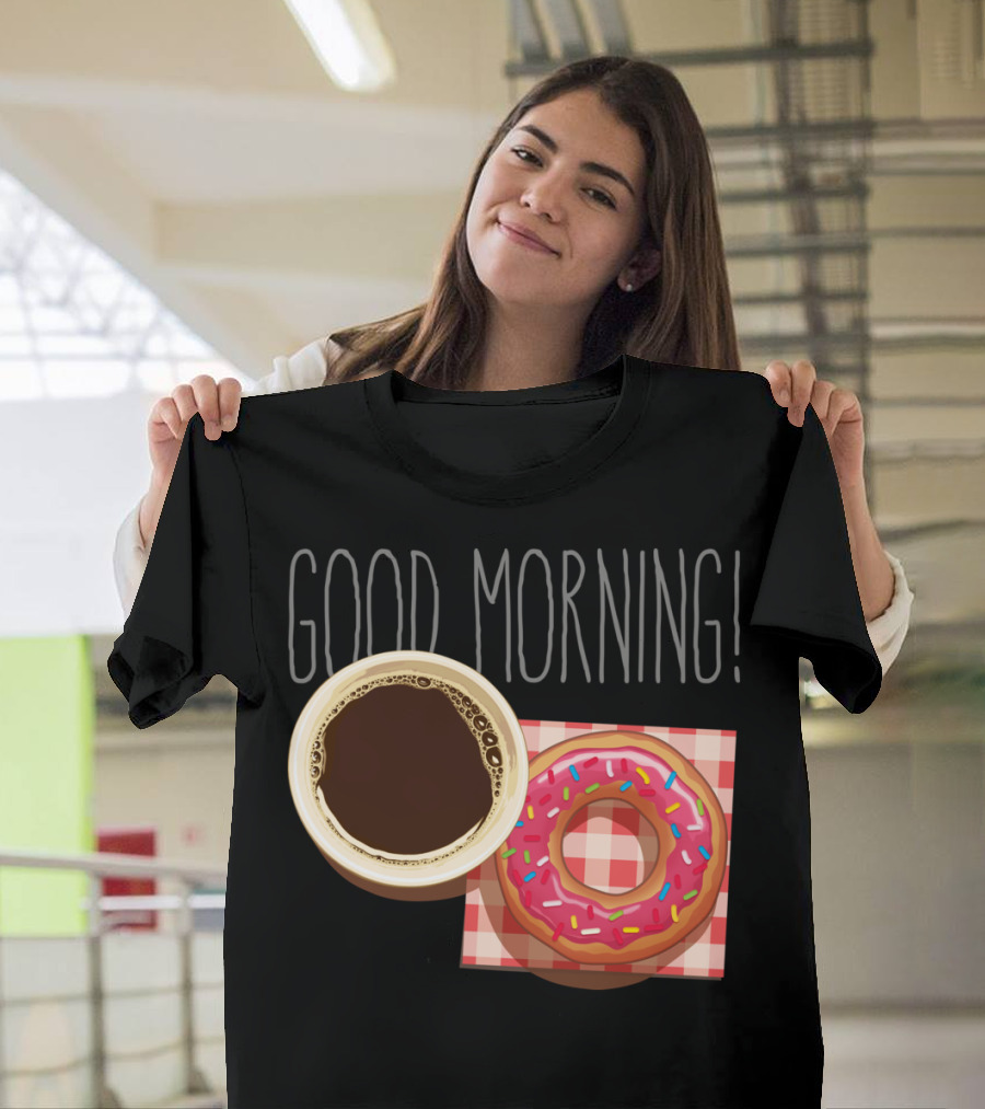 Good Morning Coffee and Donut Breakfast Checkerboard T-Shirt