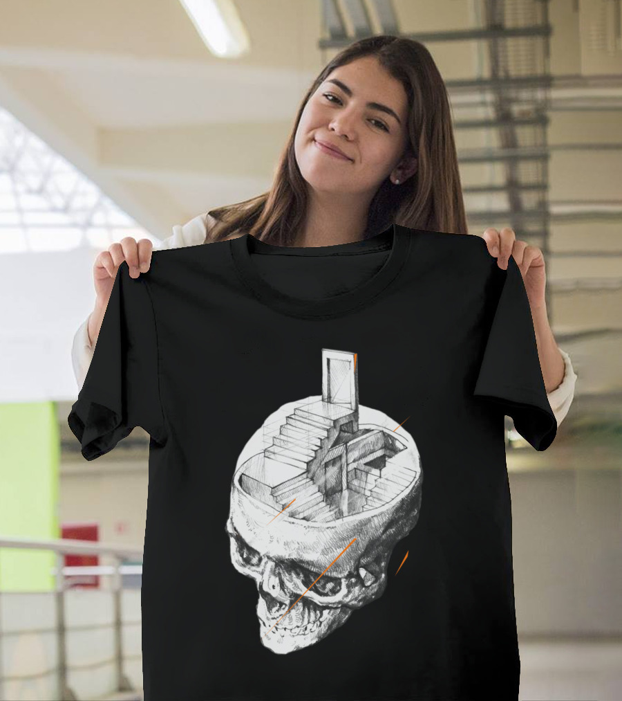 Stairway Inside Skull with Doorway and Steps Drawing T-Shirt