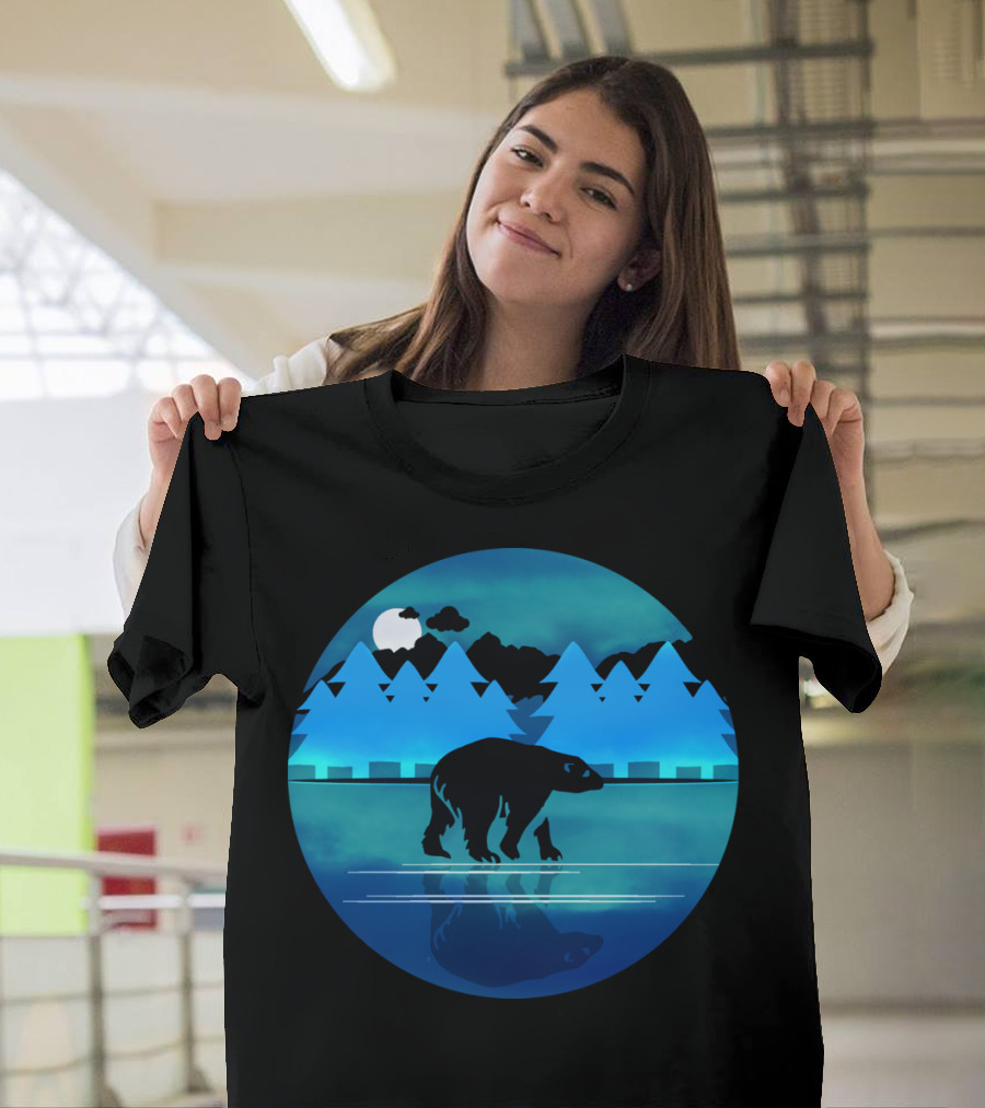 Alaska By Night Bear Reflection in Moonlit Forest Landscape T-Shirt