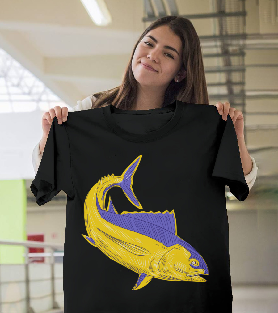 Albacore Tuna Fish Drawing Yellow and Blue T-Shirt