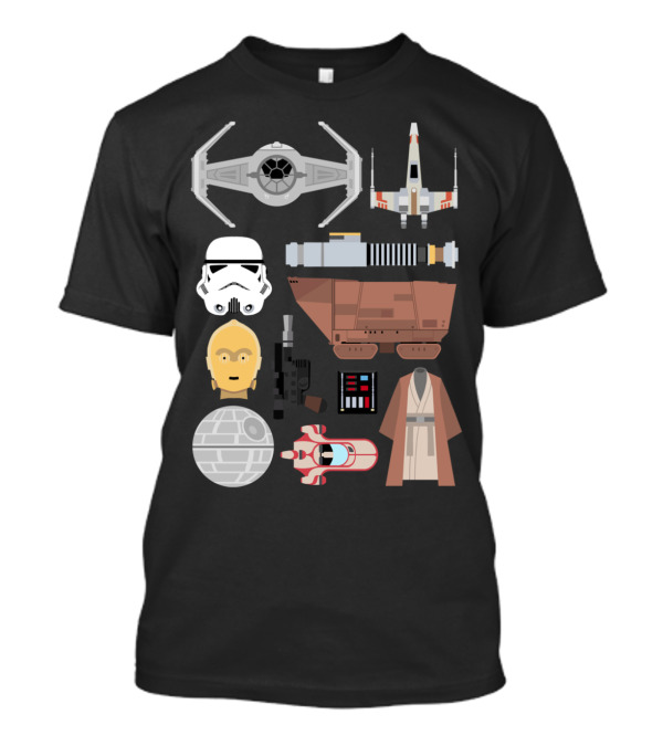 Star Wars Essentials Iconic Symbols Collection With TIE Fighter X-Wing Stormtrooper C-3PO Lightsaber Sandcrawler Death Star Landspeeder Jedi Robe T-Shirt