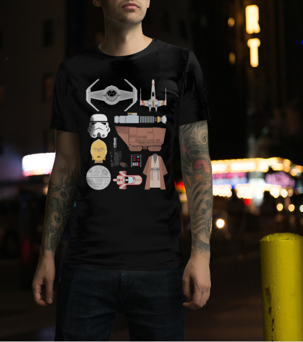 Star Wars Essentials Iconic Symbols Collection With TIE Fighter X-Wing Stormtrooper C-3PO Lightsaber Sandcrawler Death Star Landspeeder Jedi Robe T-Shirt