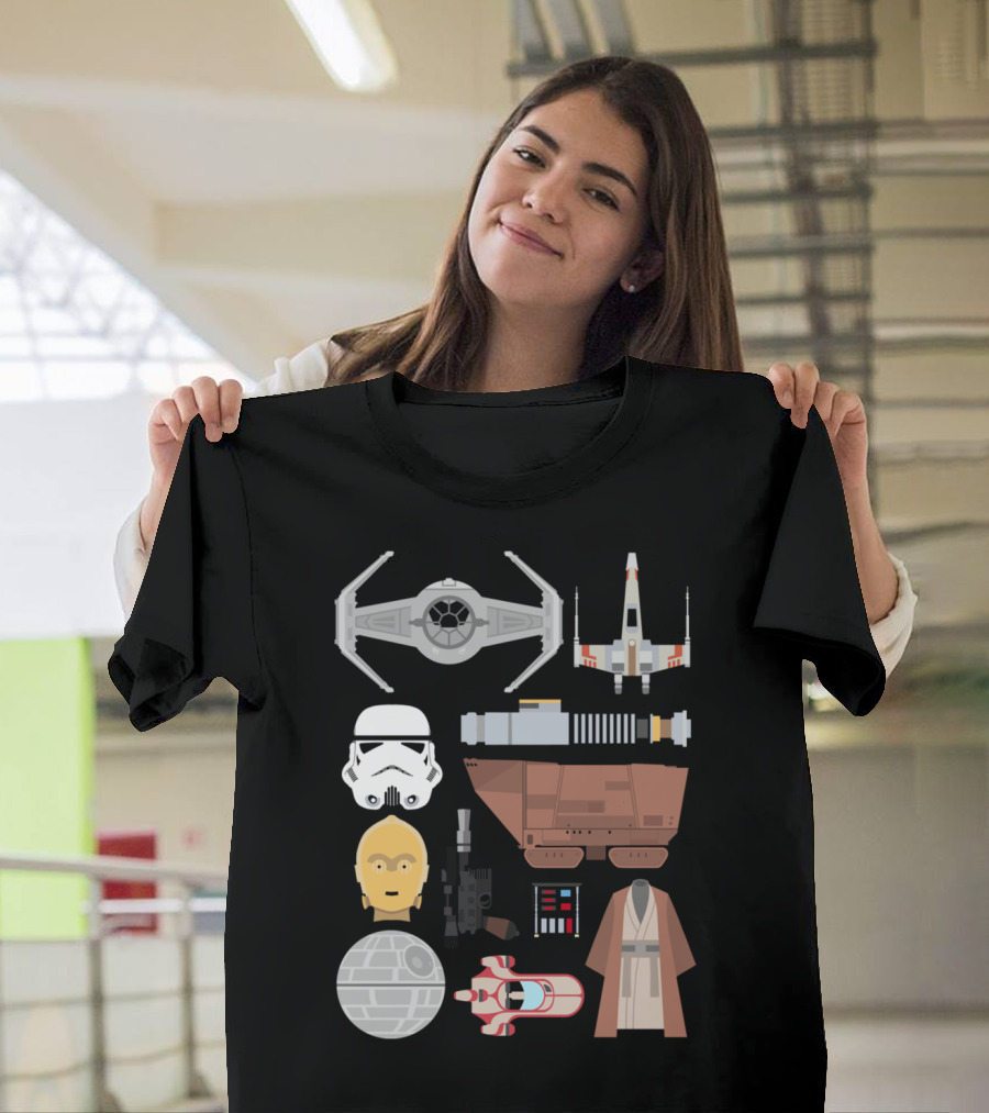 Star Wars Essentials Iconic Symbols Collection With TIE Fighter X-Wing Stormtrooper C-3PO Lightsaber Sandcrawler Death Star Landspeeder Jedi Robe T-Sh