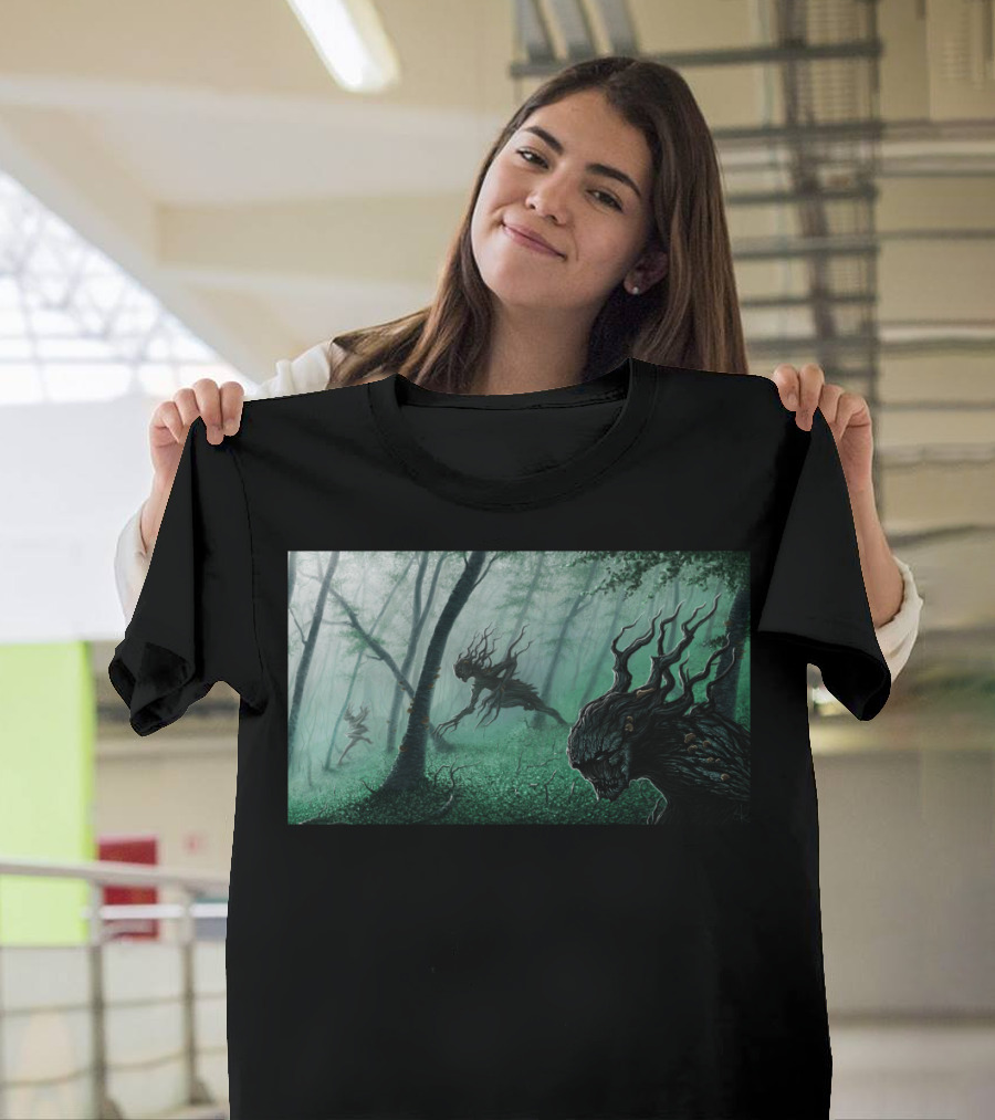 Dark Forest Creature Encounter in Misty Woods T-Shirt