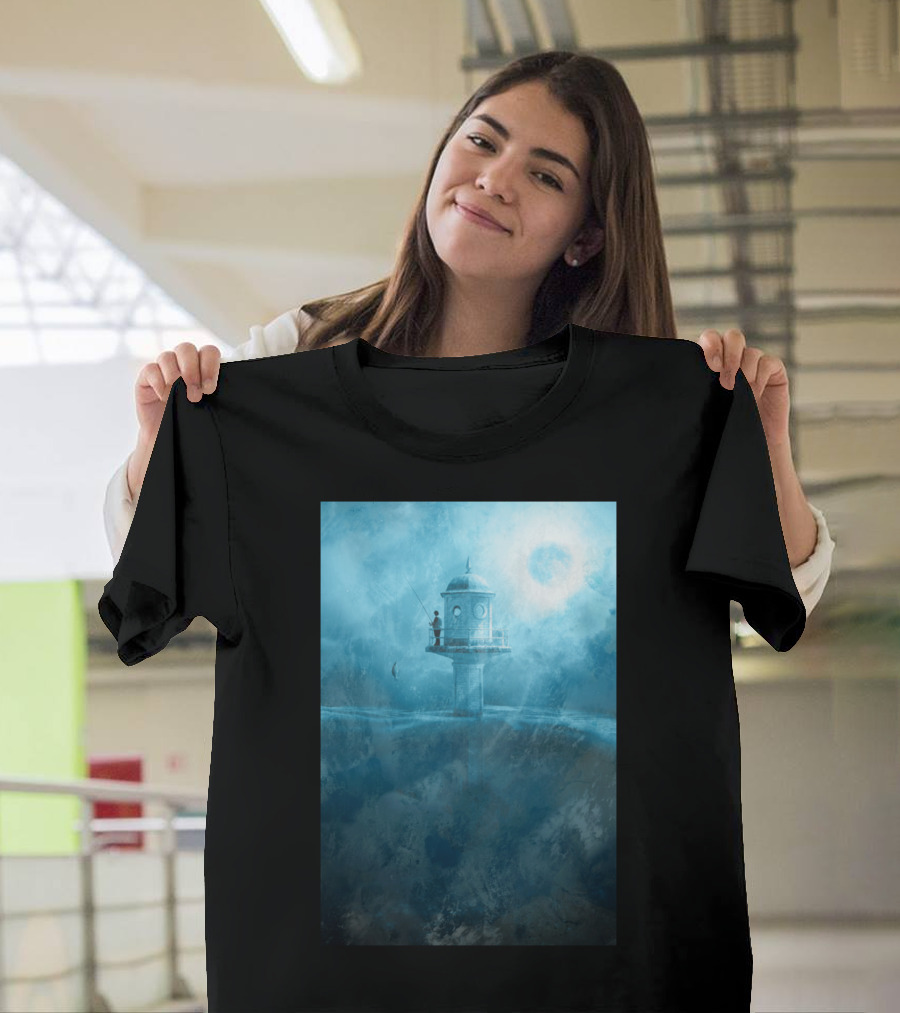 Fish Rising BL Lighthouse Fisherman in Dreamy Blue Landscape T-Shirt