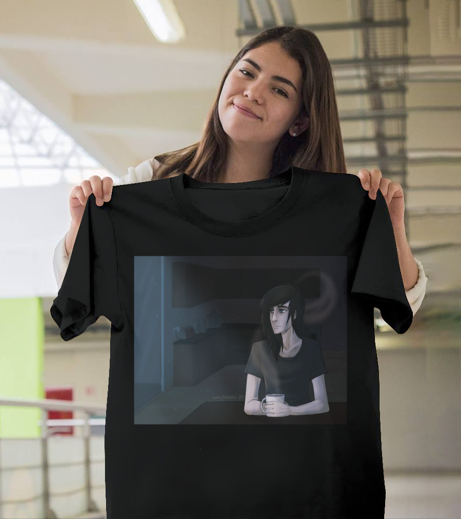 Coffee Morning with Thoughtful Person in Dimly Lit Room T-Shirt