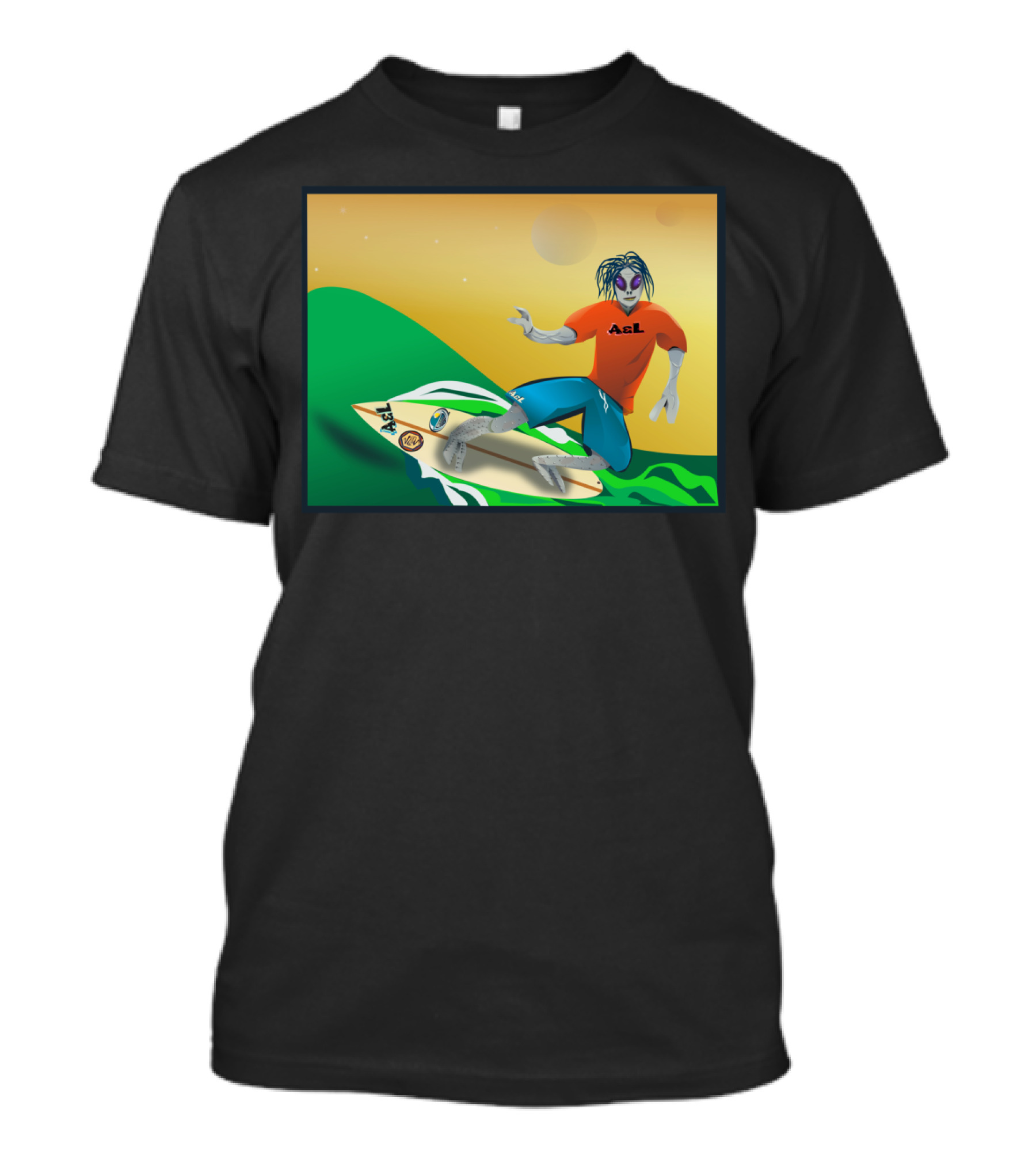 A&L Alien Surfer On Cosmic Waves With Vibrant Sunset T-Shirt